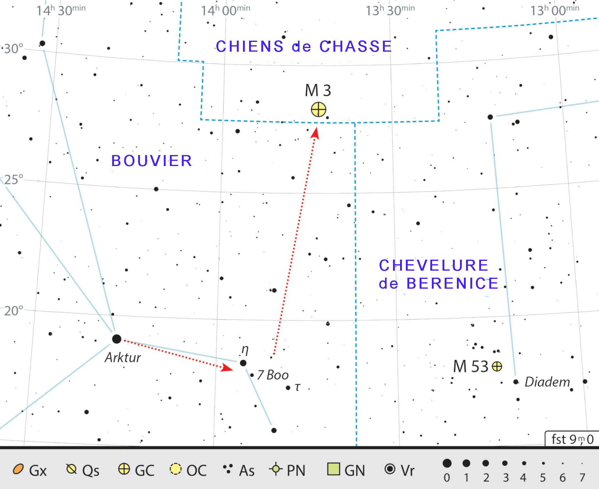Carte de recherche pour M 3 dans la constellation du Chien de Chasse. J. Scholte